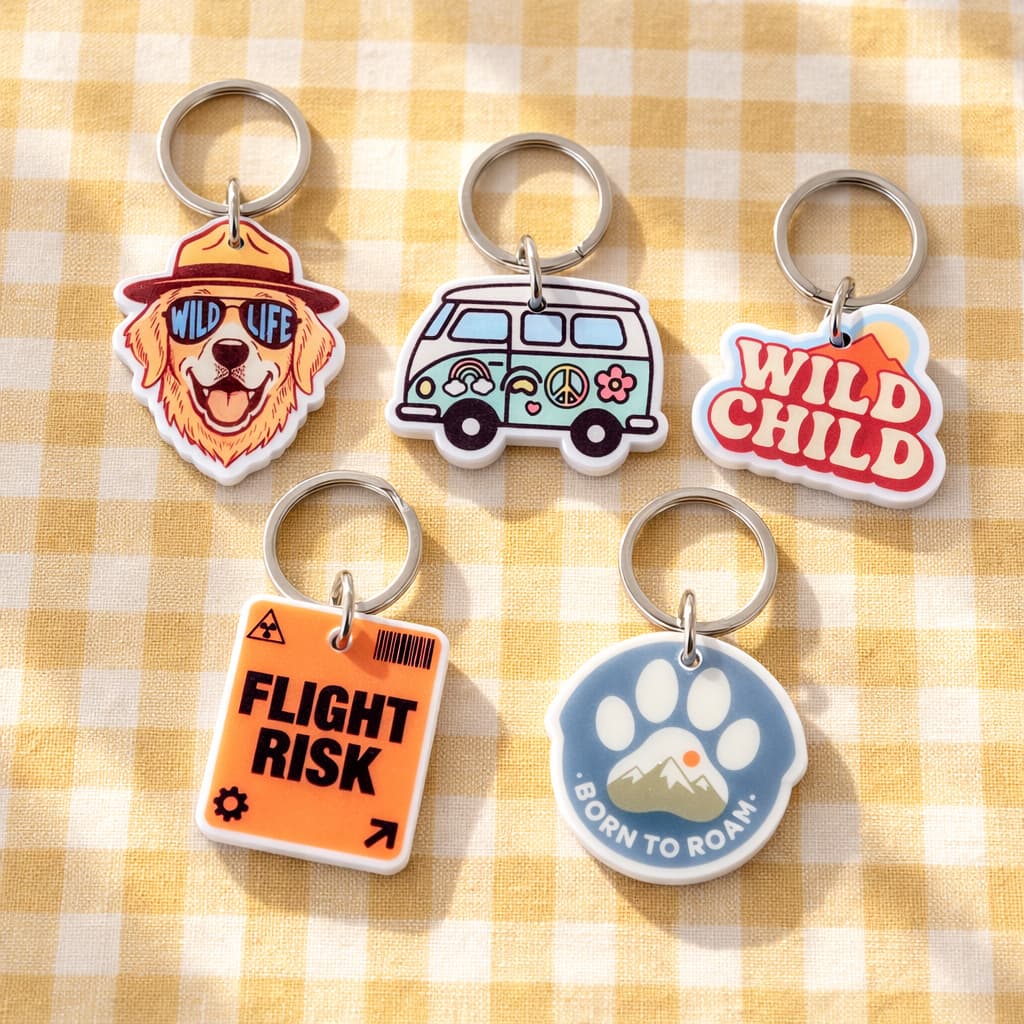 Adventure QR dog ID tags — Flight Risk, Wild Child, Born to Roam