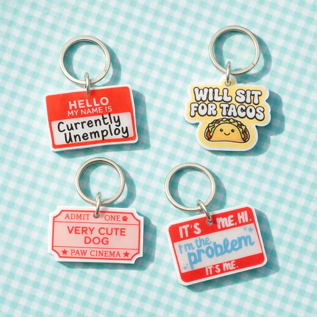 Funny QR dog ID tags — Currently Unemployed, Tacos, Paw Cinema